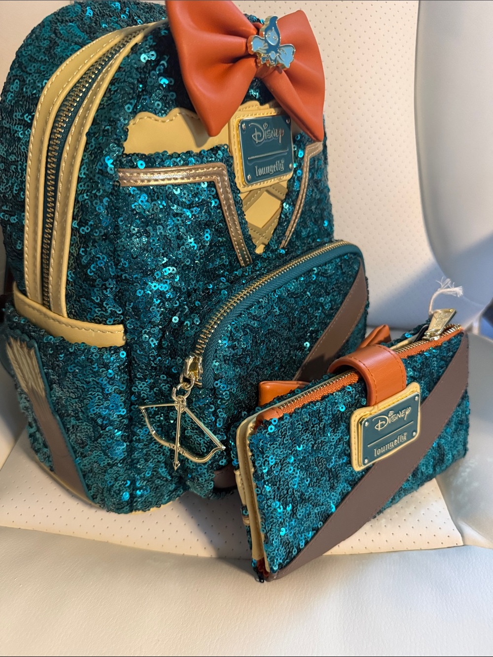 Loungefly Merida of Brave. Teal Sequin Backpack and Wallet Set with Orange Bows - Picture 3 of 4